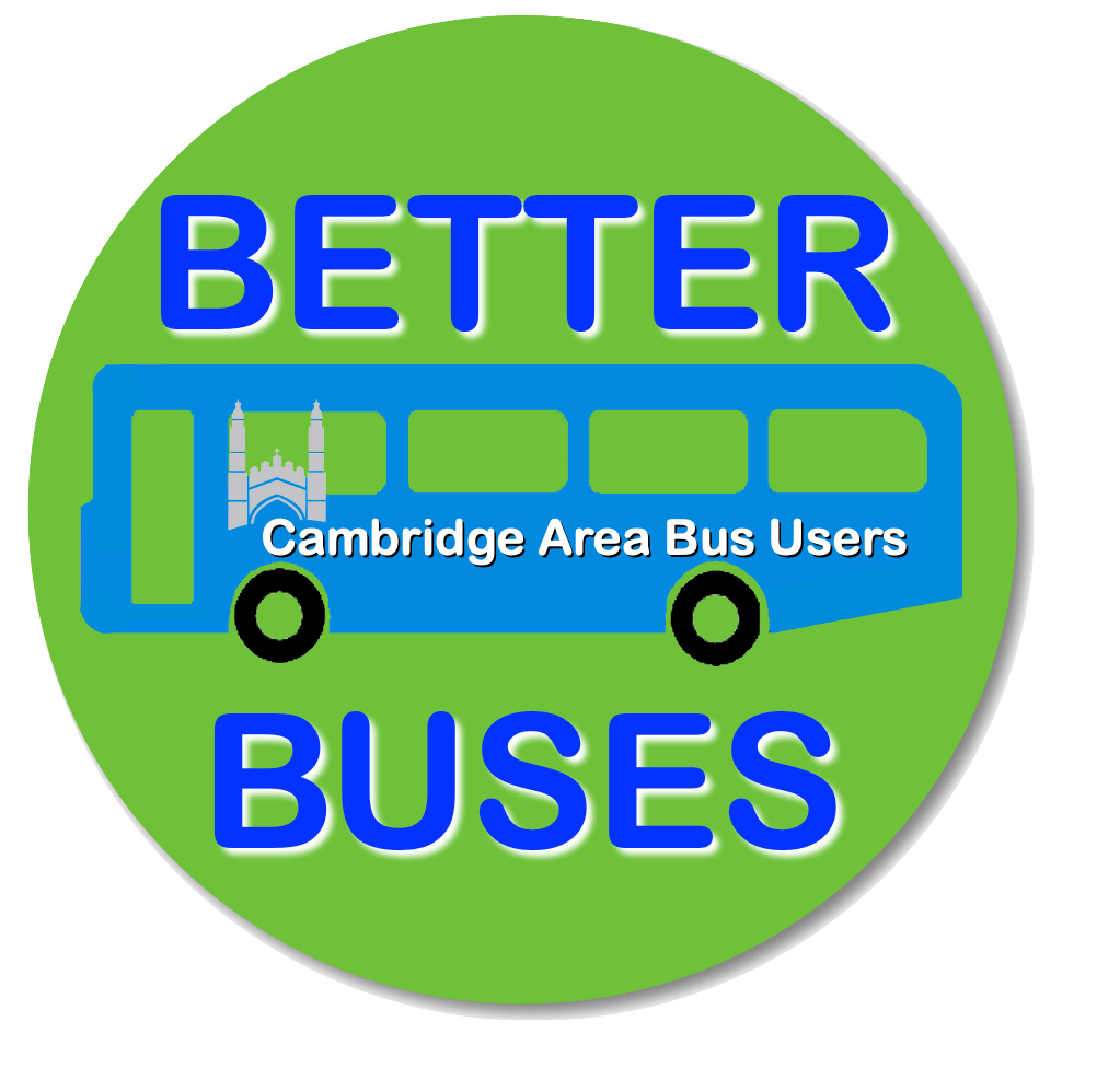 Decorative Cambridge Area Bus Users roundel with bus in the centre and the slogan 'better buses'