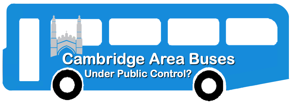 Image of single-deck bus overlaid with text: Cambridge Area Buses Under Public Control?