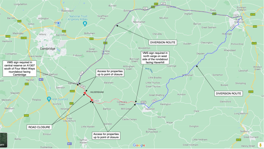 A1307 diversionary route 6am Saturday 15 July until 6am on Monday 17 July
Click the image to view/download a higher resolution PDF