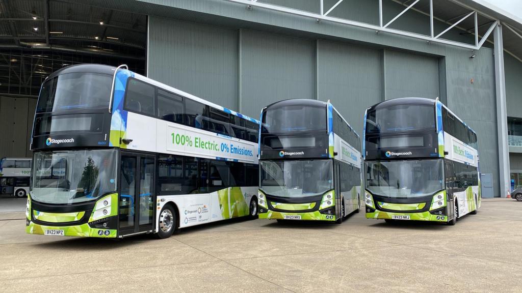 Stagecoach electric buses outside IWM Duxford