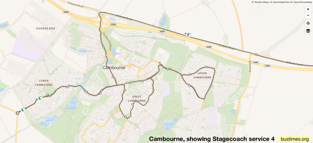 Map of Cambourne, showing route of Stagecoach citi 4